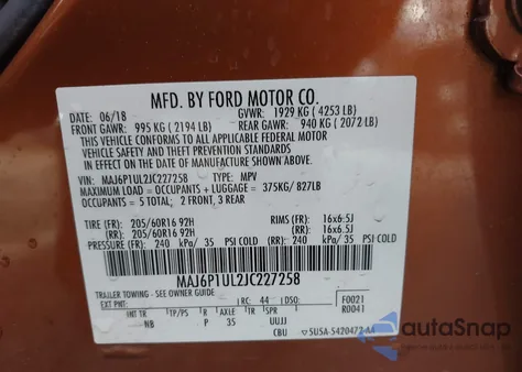2018 Ford Ecosport Se из США, поврежденный, VIN MAJ6P1UL2JC227258